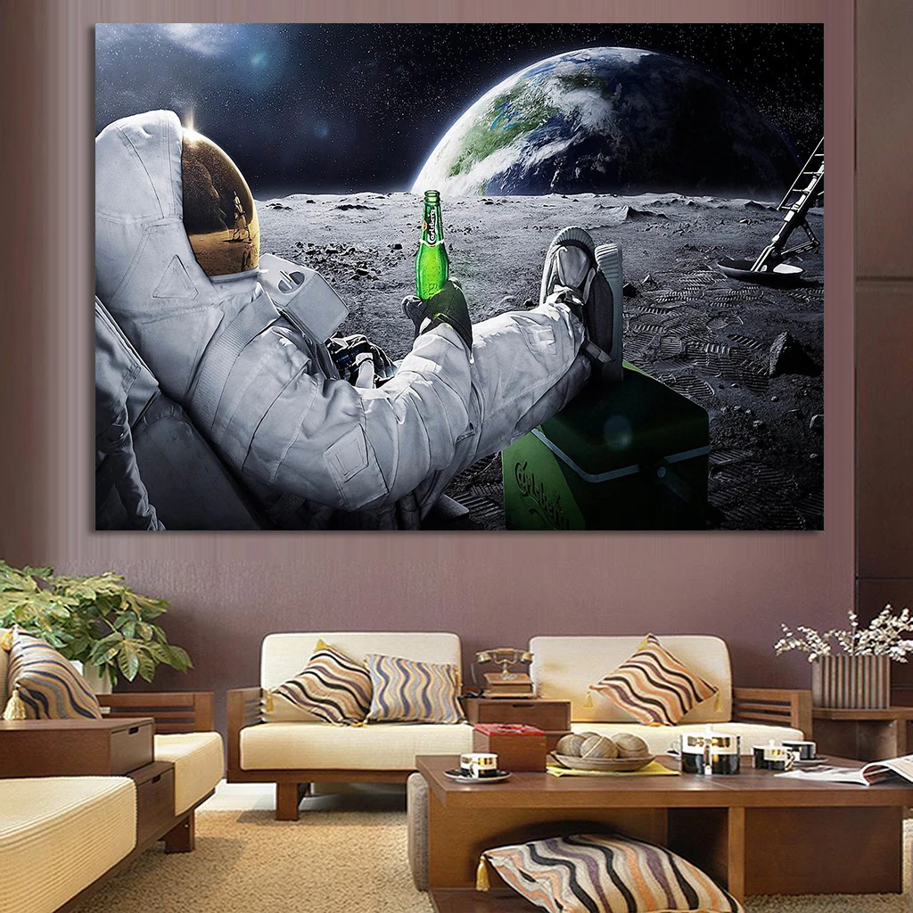 Large Canvas Astronaut Drinking Beer On The Moon Space