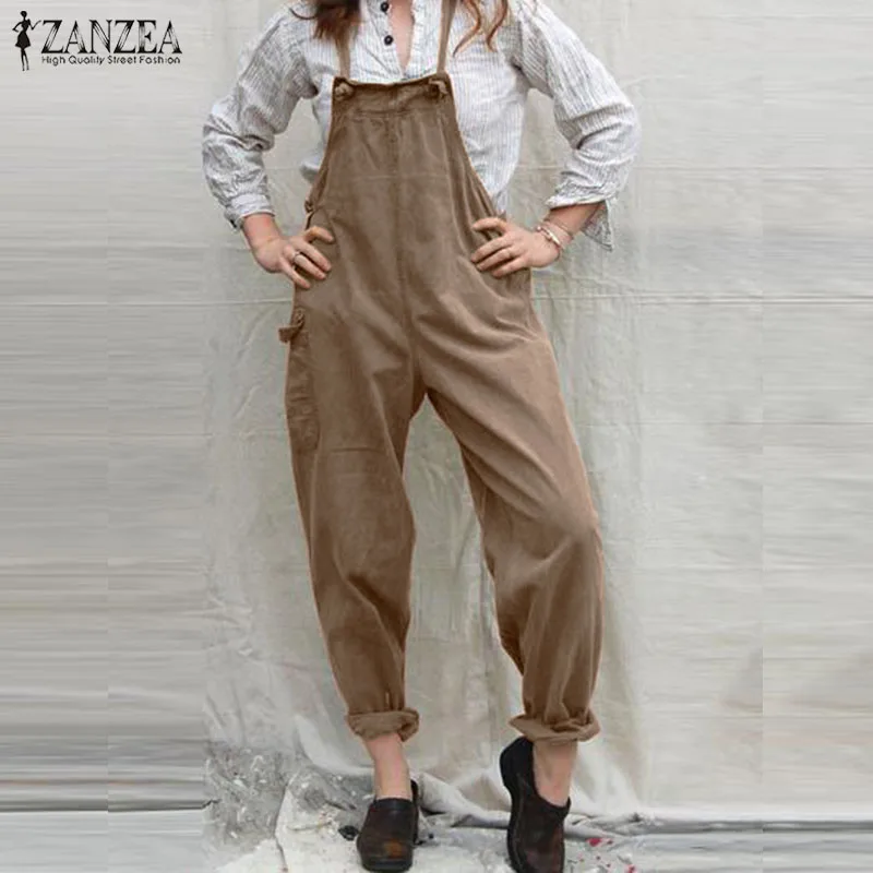 

2019 ZANZEA Women Jumpsuits Summer Casual Solid Strappy Pockets Long Playsuits Vintage Party Overalls Female Pants Rompers S 5XL