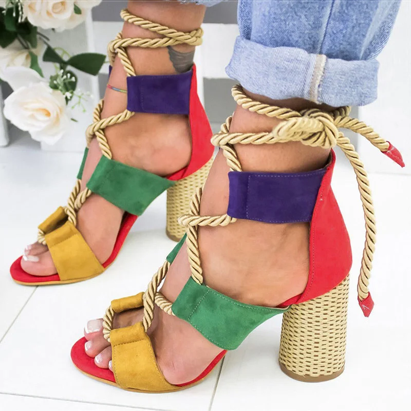 

Women Sandals Peep Toe Gladiator Sandals For Women Lace Up High Heels Sandalias Mujer 2019 Summer Shoes Woman Hemp Block Heels