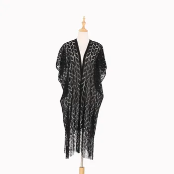 

ZSyearth Long Tassel Scarf Summer Shawl 2019 Foulard Femme Pashmina Black Leaves Shape Poncho Thin Women Breathable Scarves