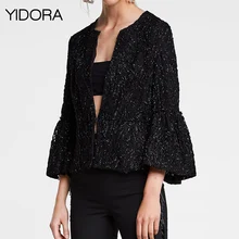 Yidora/Новинка, черная короткая куртка с мерцающими нитями, волнистые манжеты-для женщин,, круглый вырез, длинные рукава, люрекс, расклешенный рукав, куртка