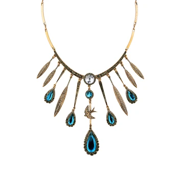 

Sea Blue Water-drop Pendant Peacock Tail Charm Choker Necklace Birds Feather Vintage Ethnic Choker Collar Women Necklace