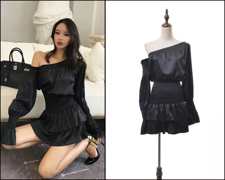 

New 2019 autumn women's dress inclined shoulder horn sleeve open shoulder sexy waist-closing machine cake slim dress