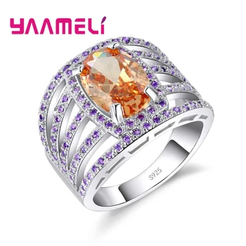 

925 Sterling Silver Purple With Champagne Cubic Zirconia Romantic Rings Jewelry Elegant For Women Party Decoration
