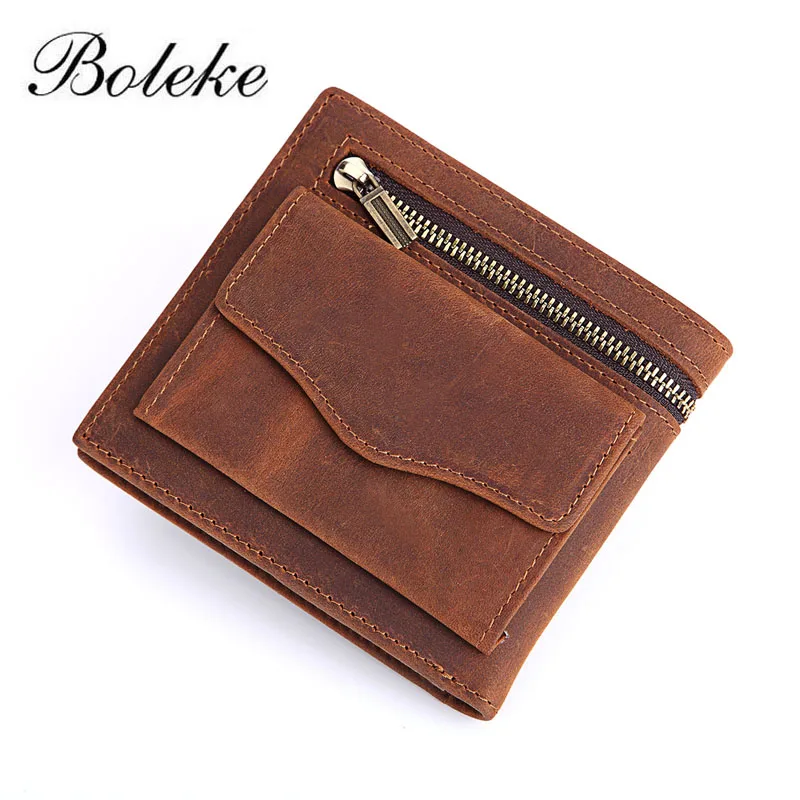 

Men Vintage Brown Genuine Leather Wallet Zipper Handmade Real Genuine Leather Hasp Coin Purse Small Clutch Bag Handbag 2138#
