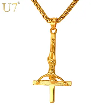 

U7 Inverted Cross Necklace Men Gothic Satanic Jewelry Gold Color Stainless Steel Upside Down Cross of St. Peter Pendant P813