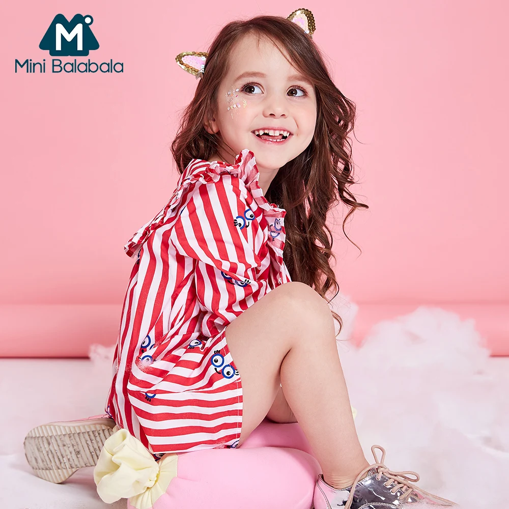 

MiniBalabala Kids Girl Fashion Stripe Dress Toddler Girl Short Sleeve 100% Cotton Ruffled Dresses A-line Dress Children Clothes