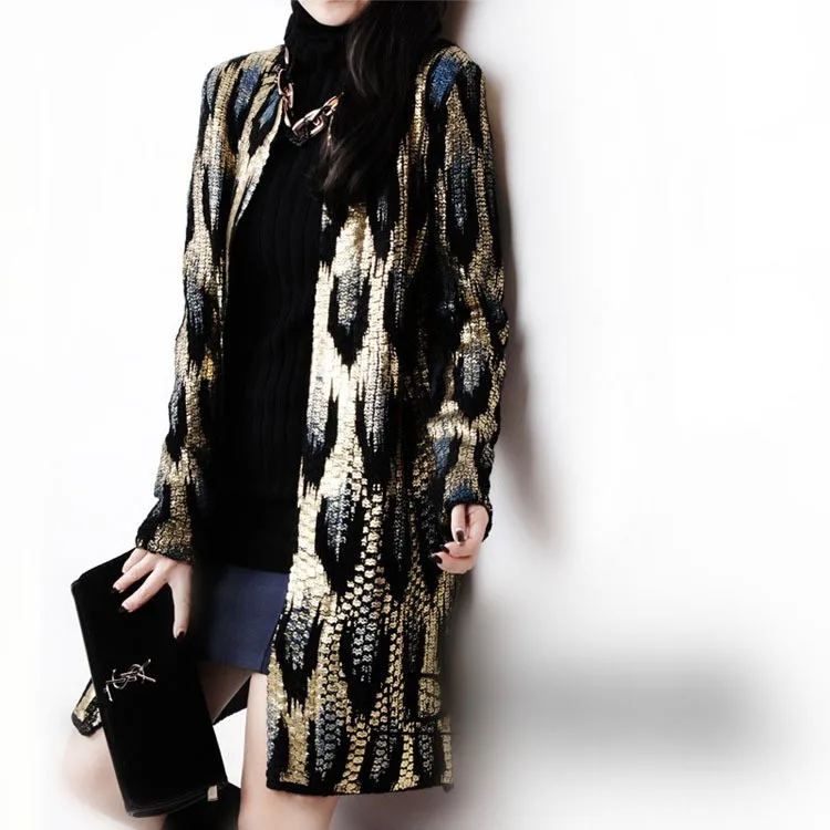 2015 Autumn New The peacock printing Knitting Long Cardigan Ladies Sweater Women Coat Outwear Snake Pattern Bronzing Tops HTB1t3nxJFXXXXX5XpXXq6xXFXXXu - 2015 Autumn New The peacock printing Knitting Long Cardigan Ladies Sweater Women Coat Outwear Snake Pattern Bronzing Tops