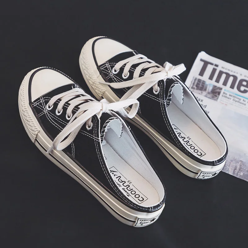 

2019 spring and summer new canvas shoes female students lazy half drag small white shoes breathable casual shoes... women shoes