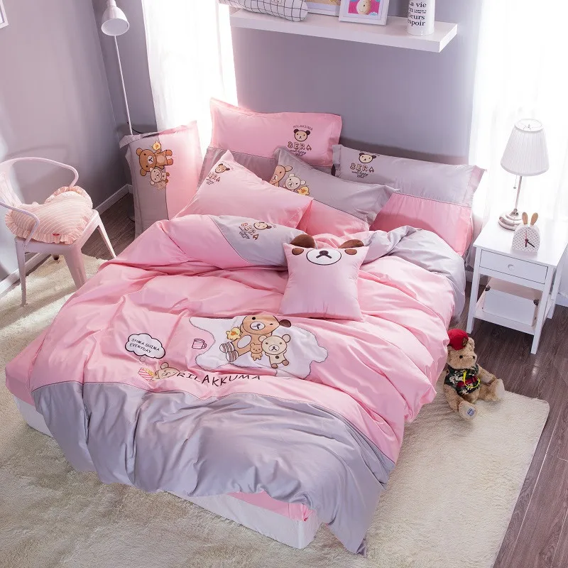 

Pink Cartoon Small Bear Applique Embroidery 100% Cotton Bedding set Duvet Cover Bed sheet Bed Linen Pillowcases Gift For Child