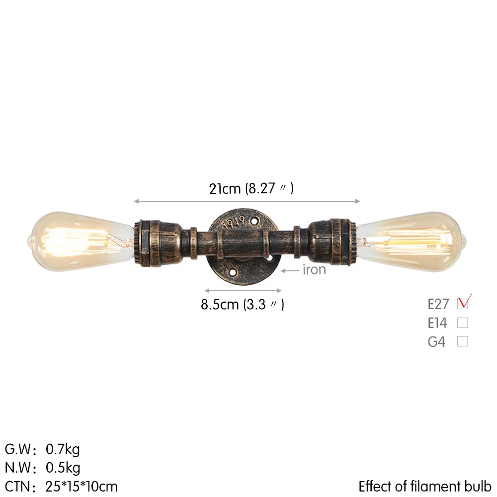Двойной ретро настенный светильник светодиодный Эдисон E27 черный железный водопровод лампа Лофт Винтаж бра настенный светильник s светильники домашний Декор Светильник ing - Цвет абажура: bronze