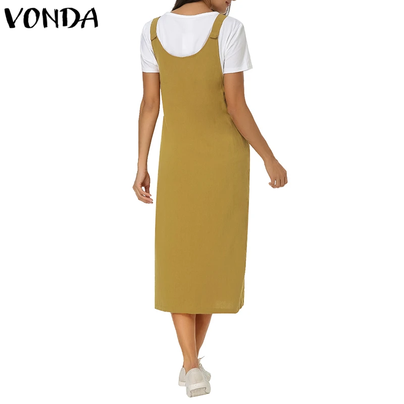 VONDA, женское винтажное Хлопковое платье,, летнее, v-образный вырез, без рукавов, с разрезом, с карманами, одноцветное платье, повседневное, свободное, до середины икры, Vestido размера плюс
