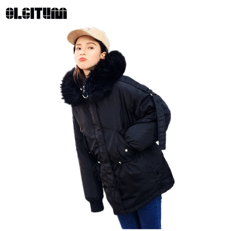 ##BUY New Winter Women Cotton Coat with Pocket Belt Large Fur Collar 2018 S 2XL Fashion Loose Thicken Down Parka Female Multi color