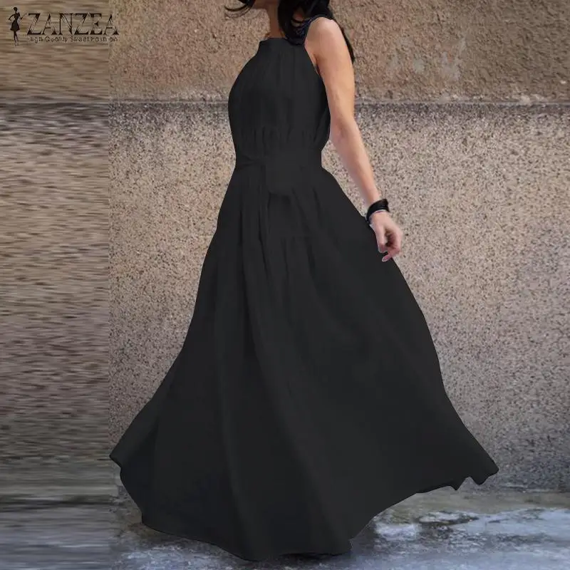 

2019 ZANZEA Womens Summer Sundress Solid Spaghetti Stap Ruffles Sarafans Logn Maxi Vestidos Beach Party Womens White Dresses