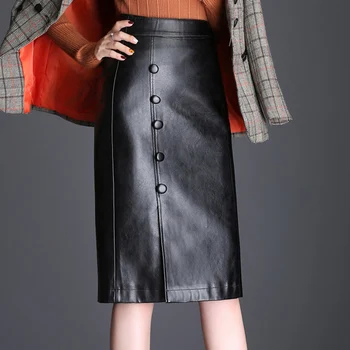 

Autumn Winter Fashion Office Lady Womens High Waisted Buttons Placket Black Denim Skirt , Slim Female Women 4XL Pencil Skirts