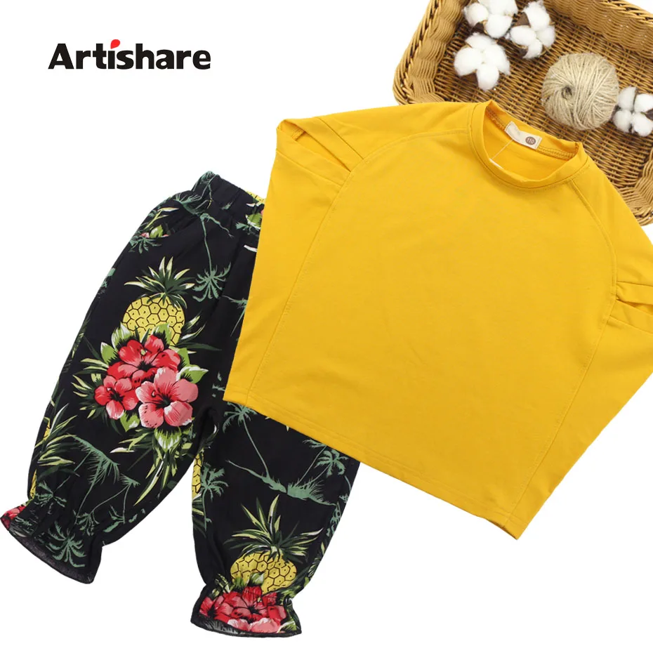 

Girls Summer Clothes Set Solid Shirt + Floral Pants 2PCS Suit Costumes For Girls Teenage Children Clothing Set 6 8 10 12 14 Year