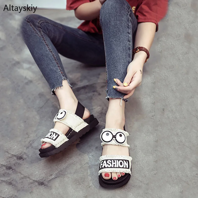 

Sandals Women Cute Cartoon Flat Simple Elastic Band Trendy Womens All-match Students Beach Korean Style Ladies Shoes Leisure New