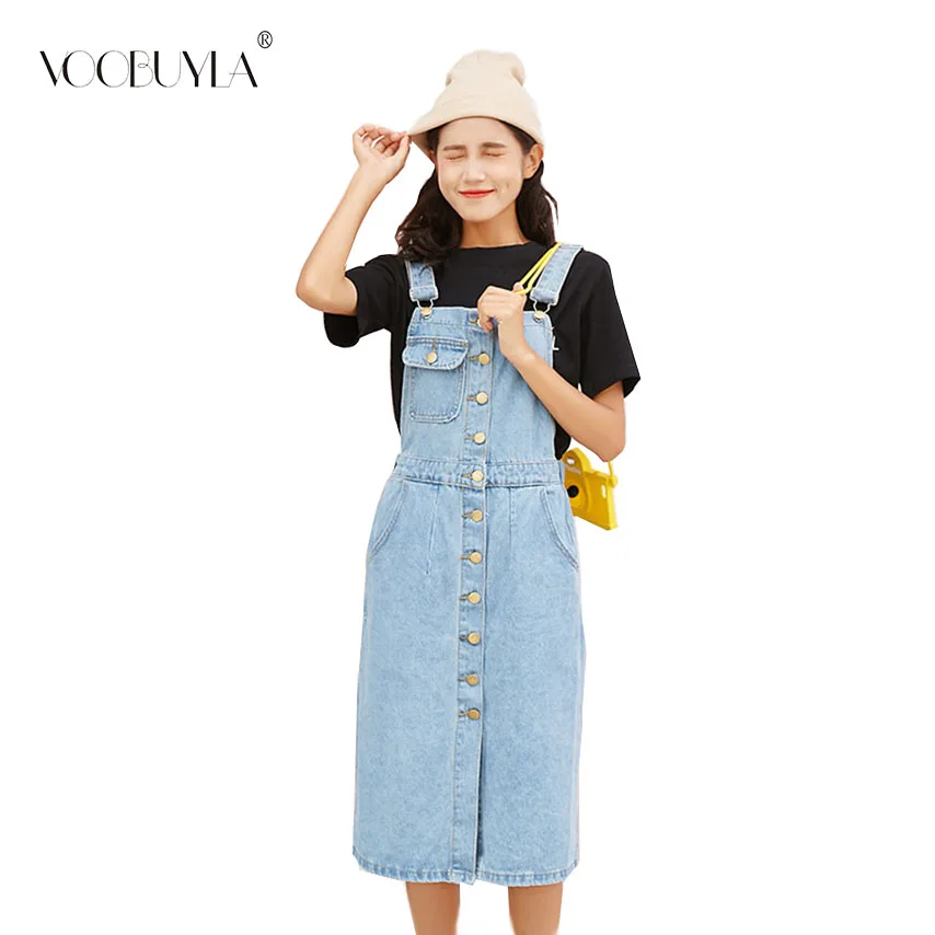 

Voobuyla 2019 Summer Women Denim Dress Sundress Sarafan Overall Dress Vintage Casual Single Breasted Spaghetti Strap Jeans Dress