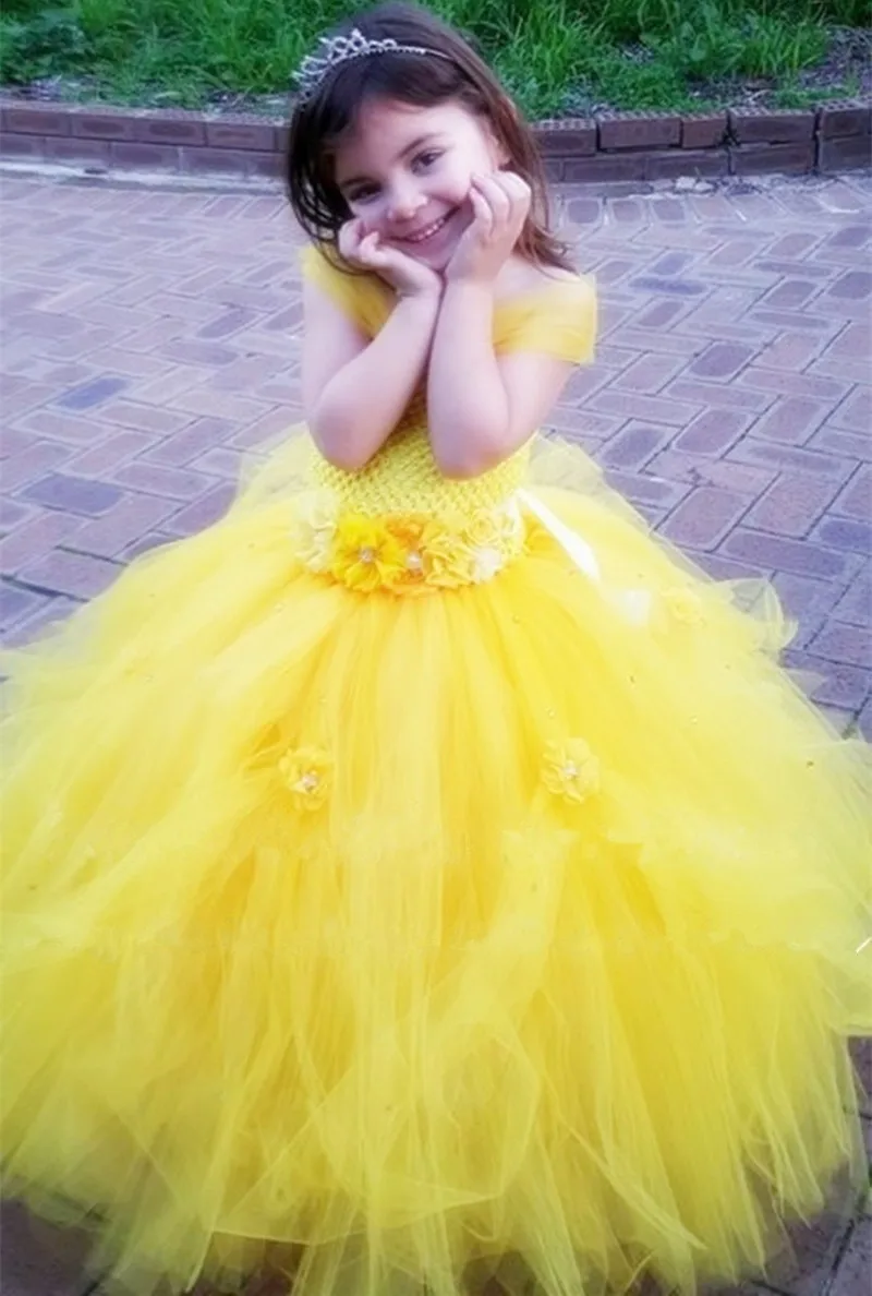 Шикарное платье принцессы Белль для девочек; желтое платье-пачка с цветочным узором для девочек; красивые вечерние платья-пачки ручной работы желтого цвета для девочек
