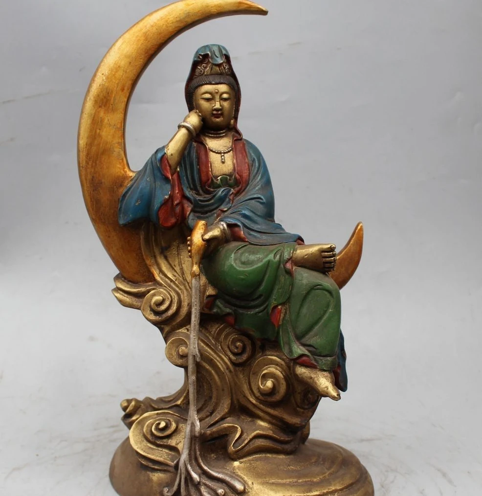 

13"Chinese Bronze Color Painted Bodhisattva Guan yin Kwan-Yin On moon Statue