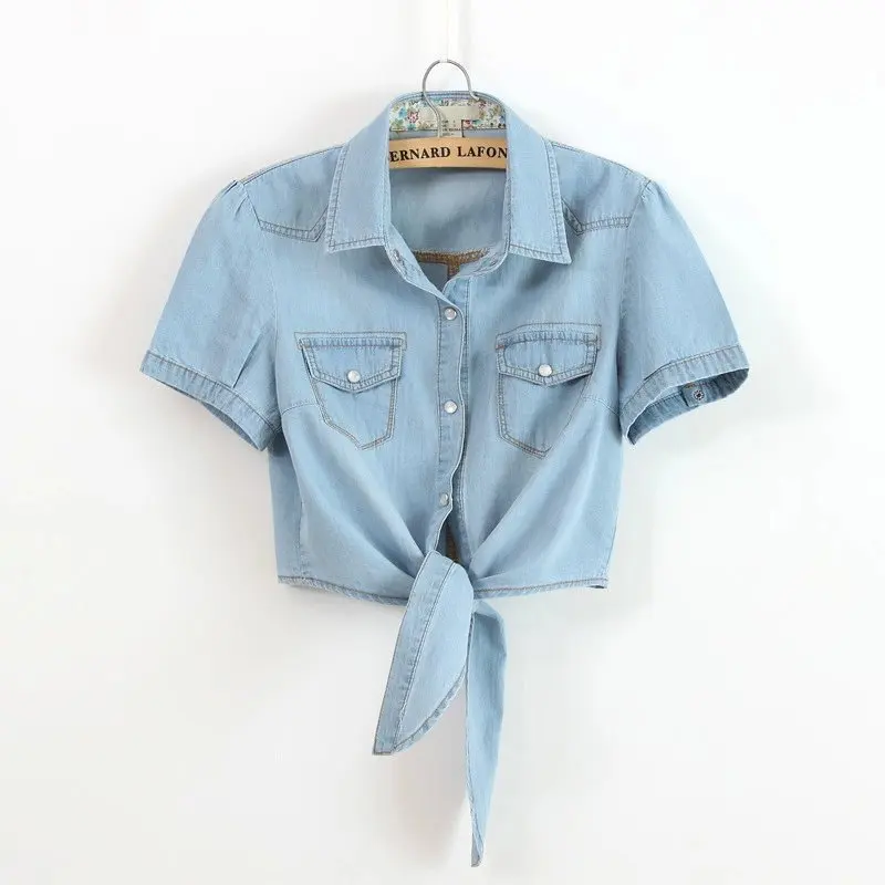 Cotton Women Short Sleeve Blue Denim Shirt New 2019 Summer Fashion Ladies Jean Shirt With Chest Flap Pockets Butterfly Tie 1669 ladies sling jumpsuit hot style recommendation urban casual fashion printing sexy hollowed out jumpsuit with wrapped chest