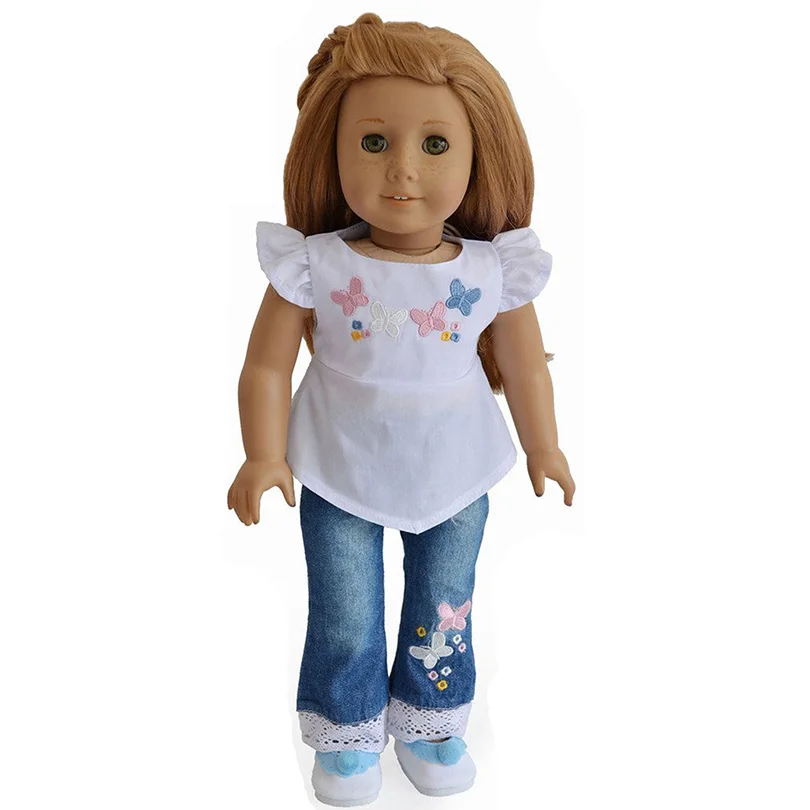 Embroider Flower Tops Jeans Doll Clothes For 18 American Girl Doll Handmade