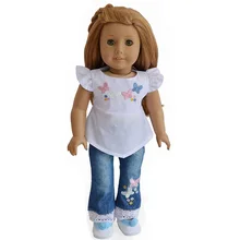 Embroider Flower Tops Jeans Doll Clothes For 18 American Girl Doll Handmade