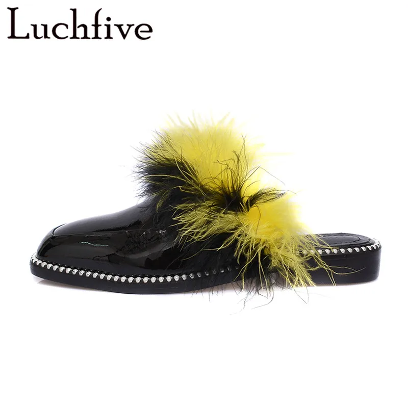 

Spring summer ostrich fur slippers women string beaded pearled low heel flipflops 2018 outdoor lazy loafers shoes women