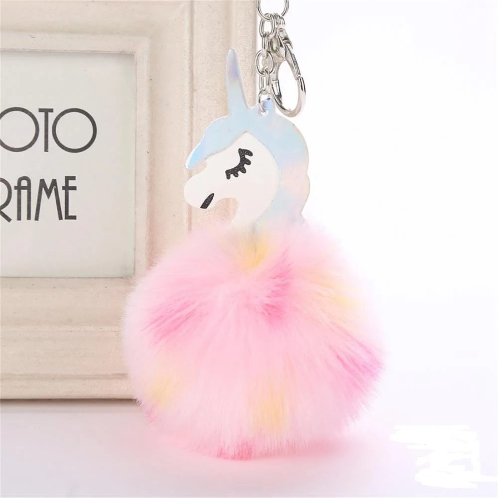 

Rainbow Pompom Unicorn Keychain Rabbit Fur Ball Horse Key chain porte clef Bag Car Keyring llavero mujer chaveiros For Women