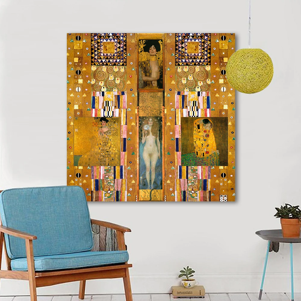 

Golden Poster Modern Oil Painting Gathers Gustav Klimt Canvas Art Wall Pictures For Living Room Home Decor Printed Frameless