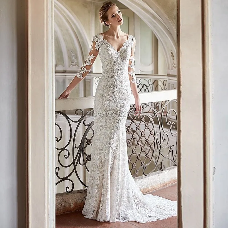2017 New Arrival Free Shipping Sheath V Neck High Quality 3/4 Sleeve Lace Backless Charming Wedding Dress/Bridal Gown ZH0485 | Свадьбы и