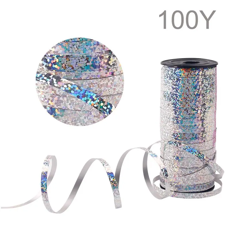 HUIRAN, 100 ярдов, золотистый, серебристый воздушный шар, лента для лазерной завивки, лента для дня рождения, вечеринки, свадьбы, Декор, упаковочные материалы для подарков - Цвет: Silver
