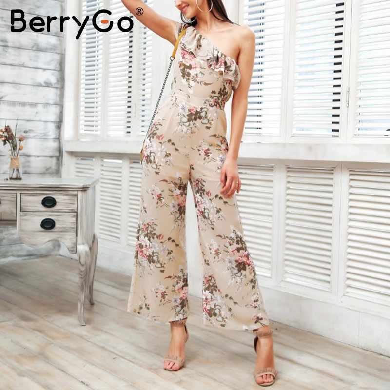 

BerryGo Sexy one shoulder boho print jumpsuit Tiered ruffle chiffon rompers women jumpsuit 2018 Elegant wide leg summer jumpsuit