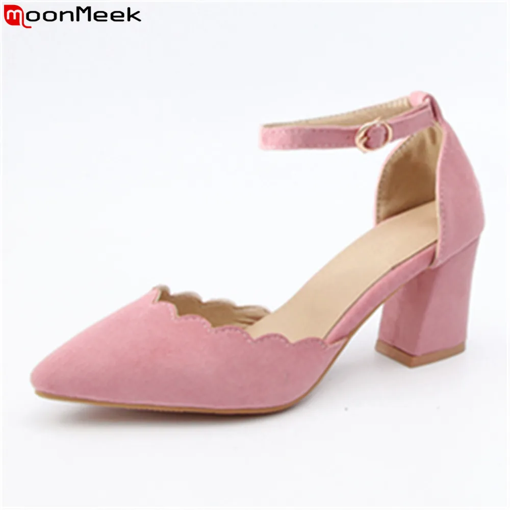 

MoonMeek 2018 pointed toe extreme high heels with buckle square heel pointed toe flock casual party shoes pumps women shoes
