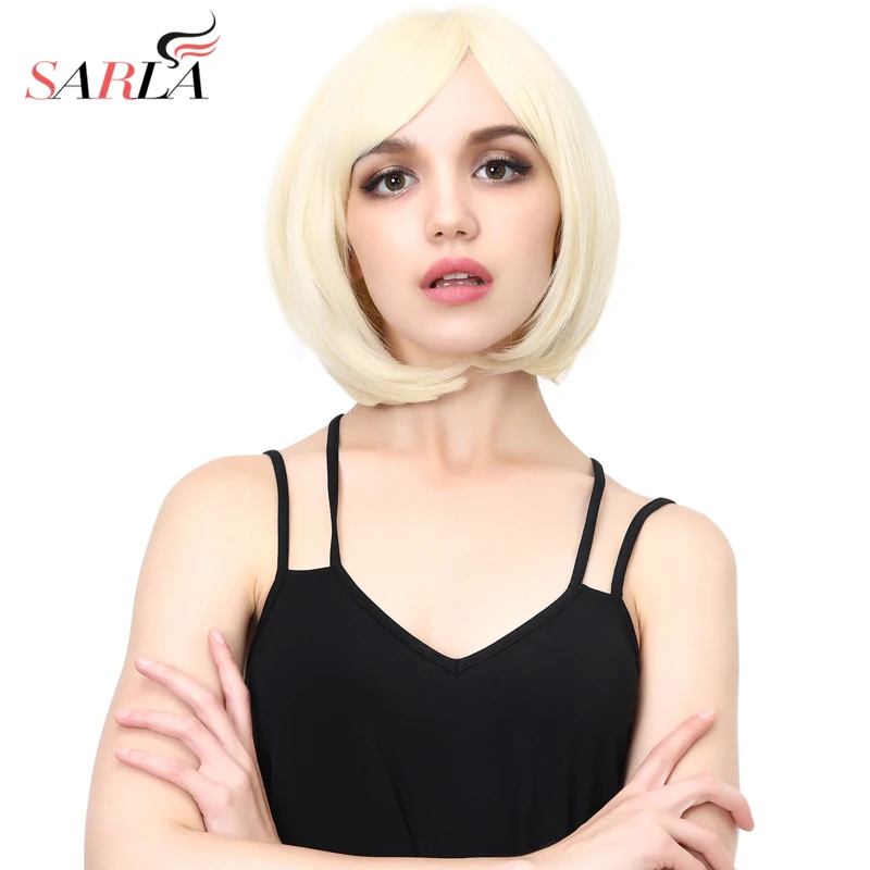 

Blonde Bob Wig With Bangs For White Women Short Synthetic Fiber None Lace Hair Full Wigs Cosplay Natural Realistic 12'' SW025