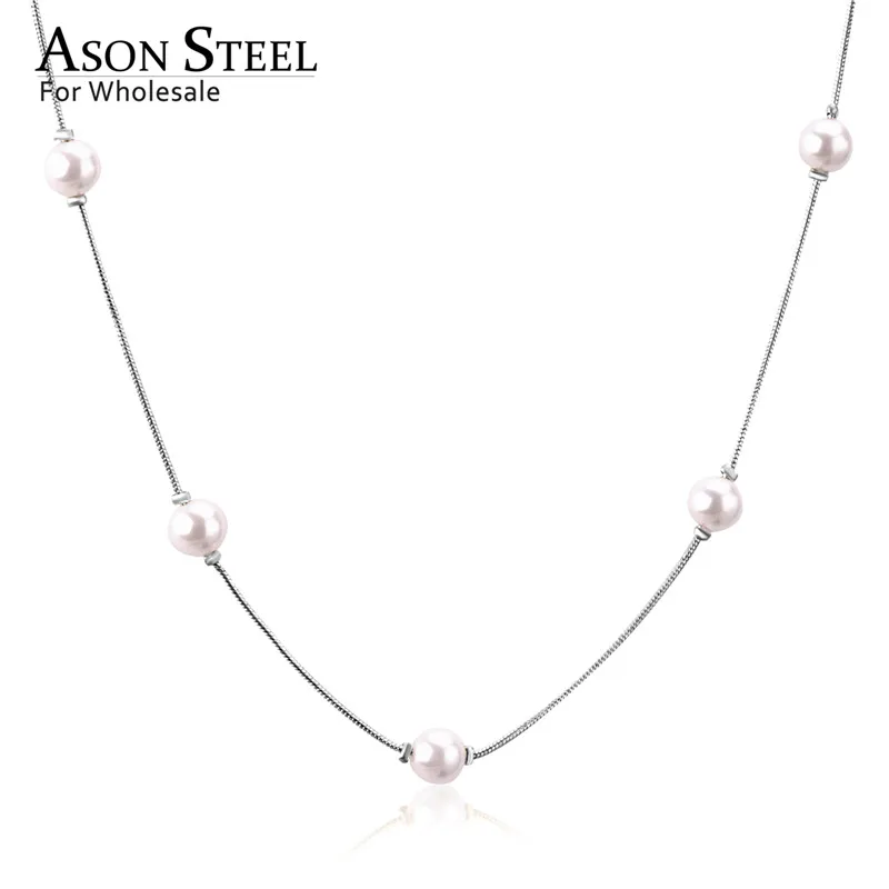 ASONSTEEL Gold/Silver White Black Round Imitation Pearl Pendant Necklace Stainless Steel Snake Chain Jewelry Collars Gift Party