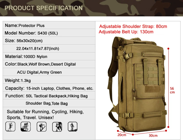 Походный рюкзак, мужской походный рюкзак, многофункциональный водонепроницаемый нейлоновый Горный рюкзак 50л, альпинистский рюкзак