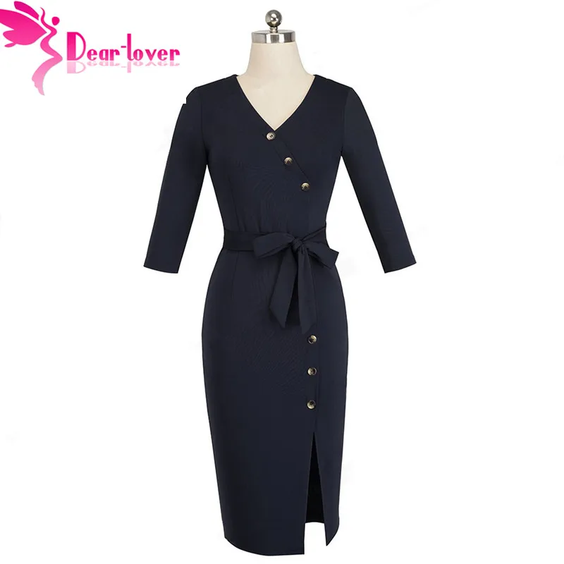 Nice-forever-Elegant-Vintage-Solid-Color-split-Wear-to-Work-with-belt-vestidos-Business-Party-Bodycon