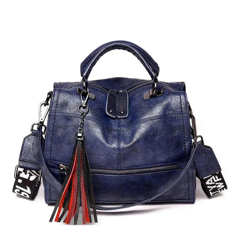 Широкий плечевой ремень ретро женские сумки высокого качества кожаные женские сумки на плечо брендовые роскошные женские сумки через плечо с кисточками - Цвет: Blue