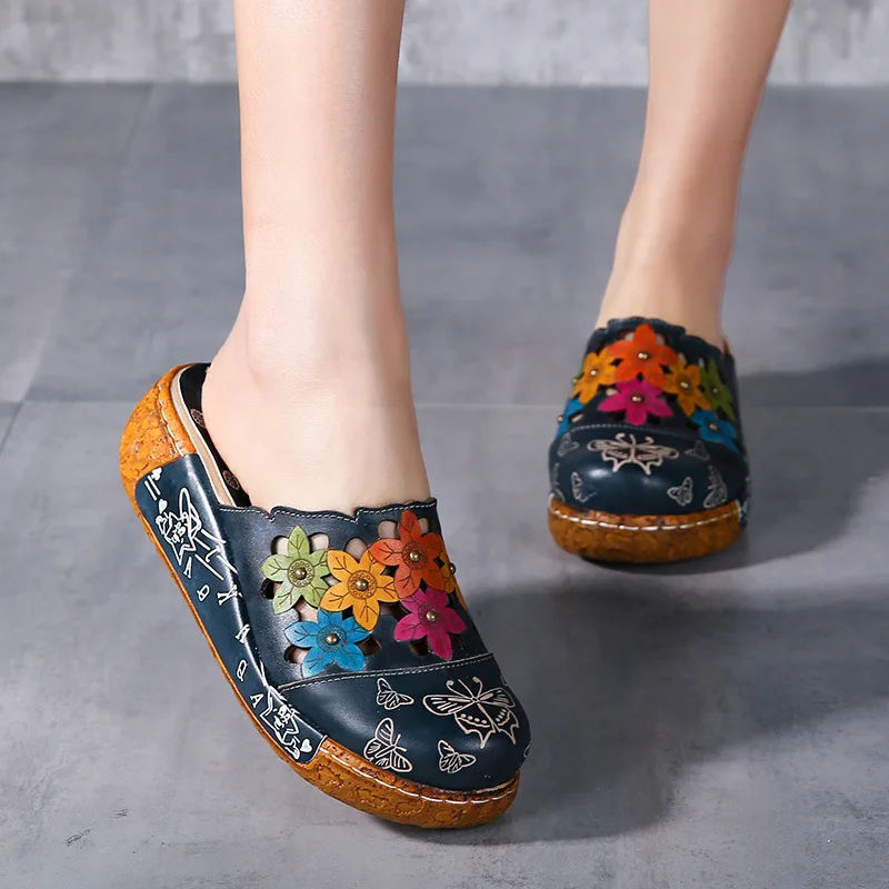 Summer Slippers Genuine Leather Shoes Handmade Flower Slides Flip Flops Platform Clogs For Women Wedges Slippers new chinese ethnic style high heels string bead wedges slippers genuine cow leather flip flops woman summer casual shoes 34 39
