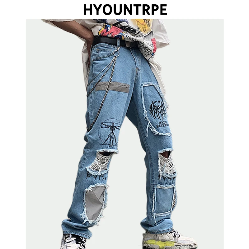 Модные рваные джинсы с дырками в стиле пэчворк, отражающие линии хип-хоп, прямые длинные штаны, мужские новые уличные брюки с молнией - Цвет: Синий