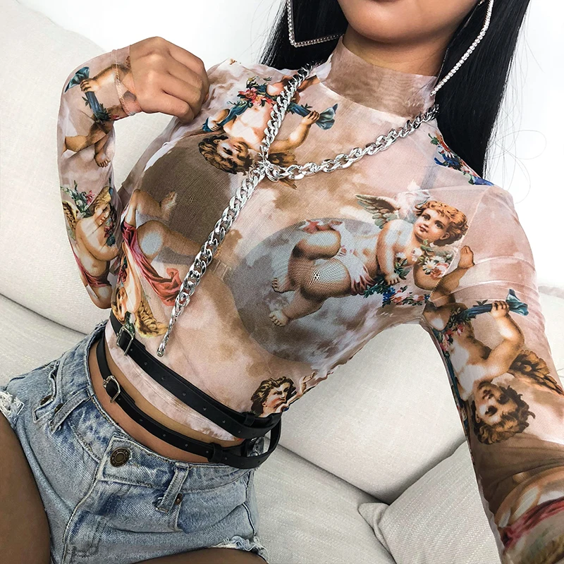  Sweetown Summer 2019 Kawaii Mesh Crop Top Tshirt Greek Mythology Angel Print See Through Top Women 