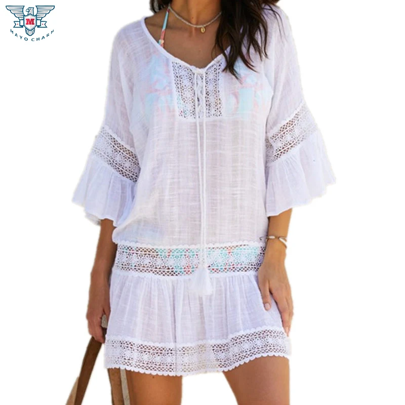2019 Summer Beach Cotton Cover Ups Women White Hollow Out Beach Dress V