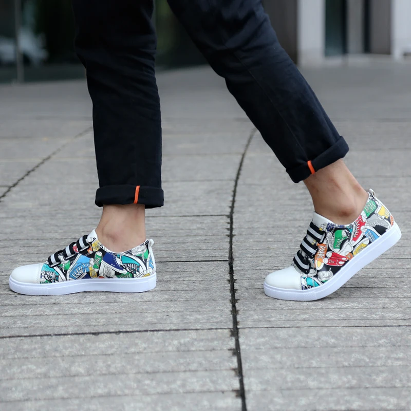 

2019 New Men's Vulcanized Shoes Printing Pattern Skateboard Shoes Breathable Fashion Men Casual Platform Shoes