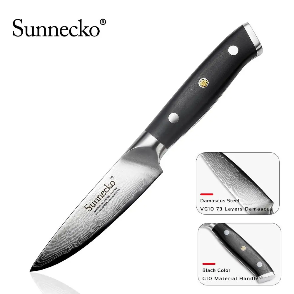 SUNNECKO 2 шт. нож из дамасской стали комплект Santoku универсальный нож для очистки овощей японский VG10 Core Шлифовальный G10 ручка шеф-повара нарезки лосося повара ножи - Цвет: 3.5inch Paring Knife