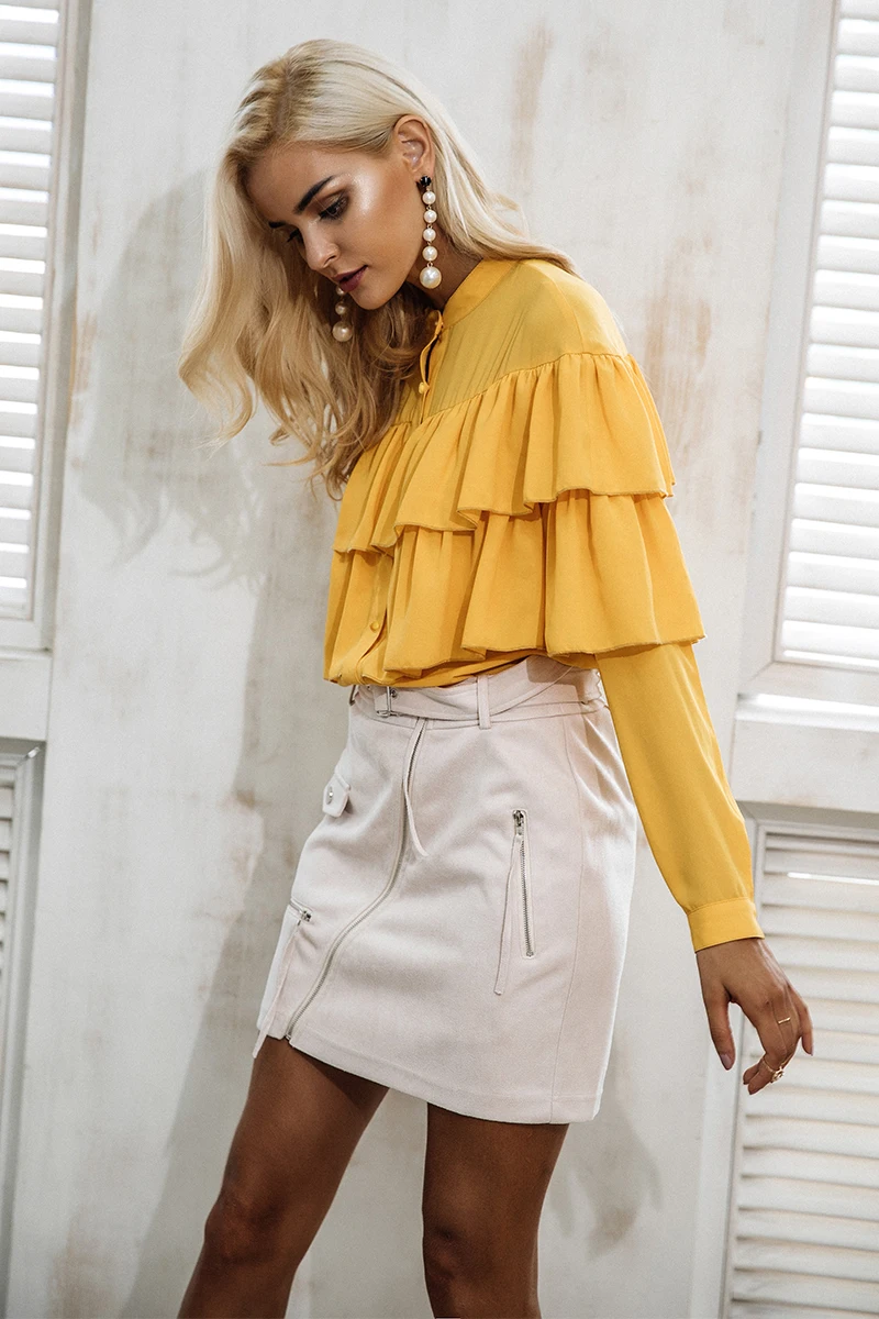 Elegant Ruffles Long Sleeve Yellow Blouse Shirt | Uniqistic.com