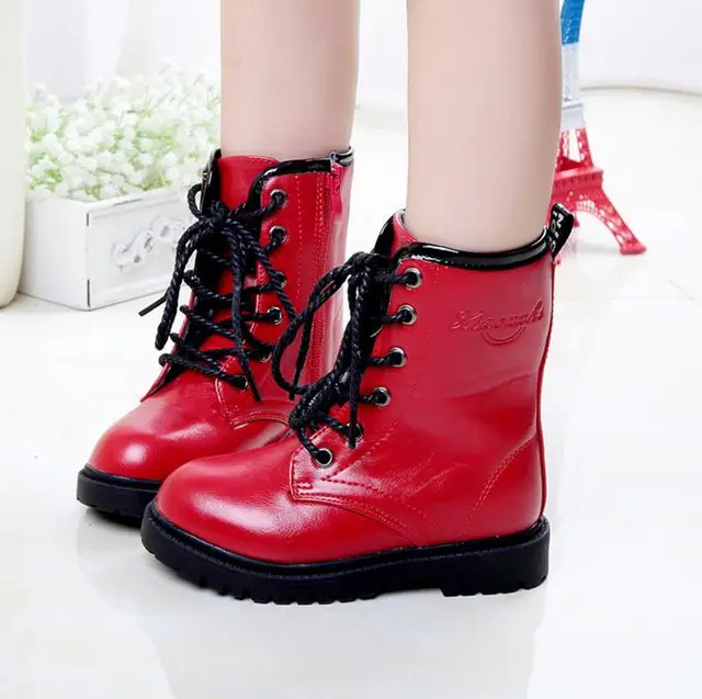 2017 Spring Autumn Girls Leather Boots Children Red Black Rubber Shoes