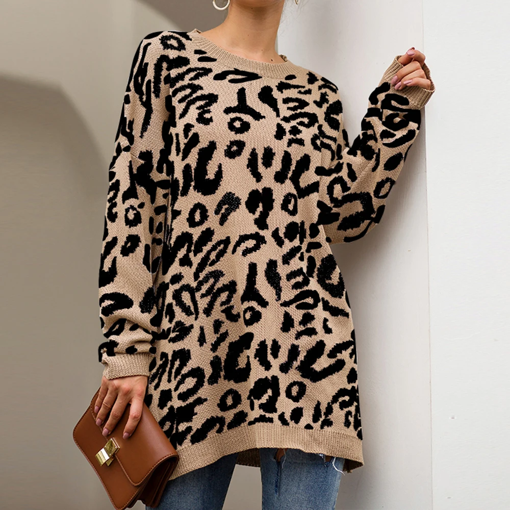 CALOFE,, женский леопардовый вязаный свитер, зимний принт, длинный рукав, Женский пуловер, Повседневный свитер, свободные женские свитера