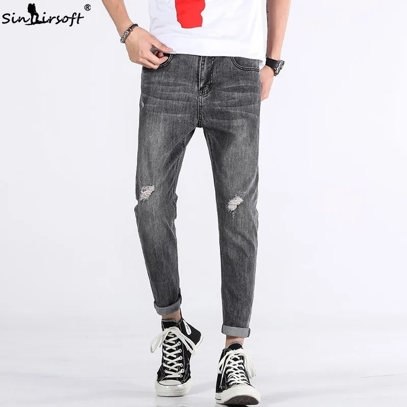 

2019 New Retro Smoke Gray Denim Trousers Men's Hole Jeans Nine Points Slim Feet Pencil Pants Korean Fashion Men's Pants 36 38