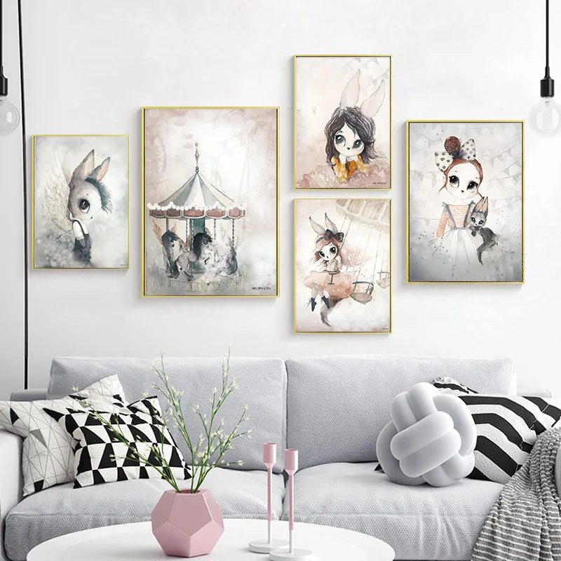 Домашний декор Скандинавская Картина на холсте Настенная картина кролик девочка животное абстрактный акварельный принт детская спальня гостиная плакат картина
